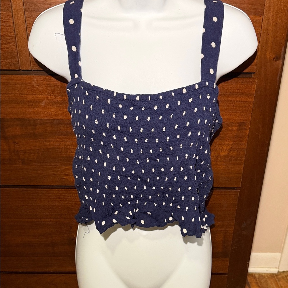 American Eagle Outfitters Navy and White Polka Dot Smocked Crop Tank